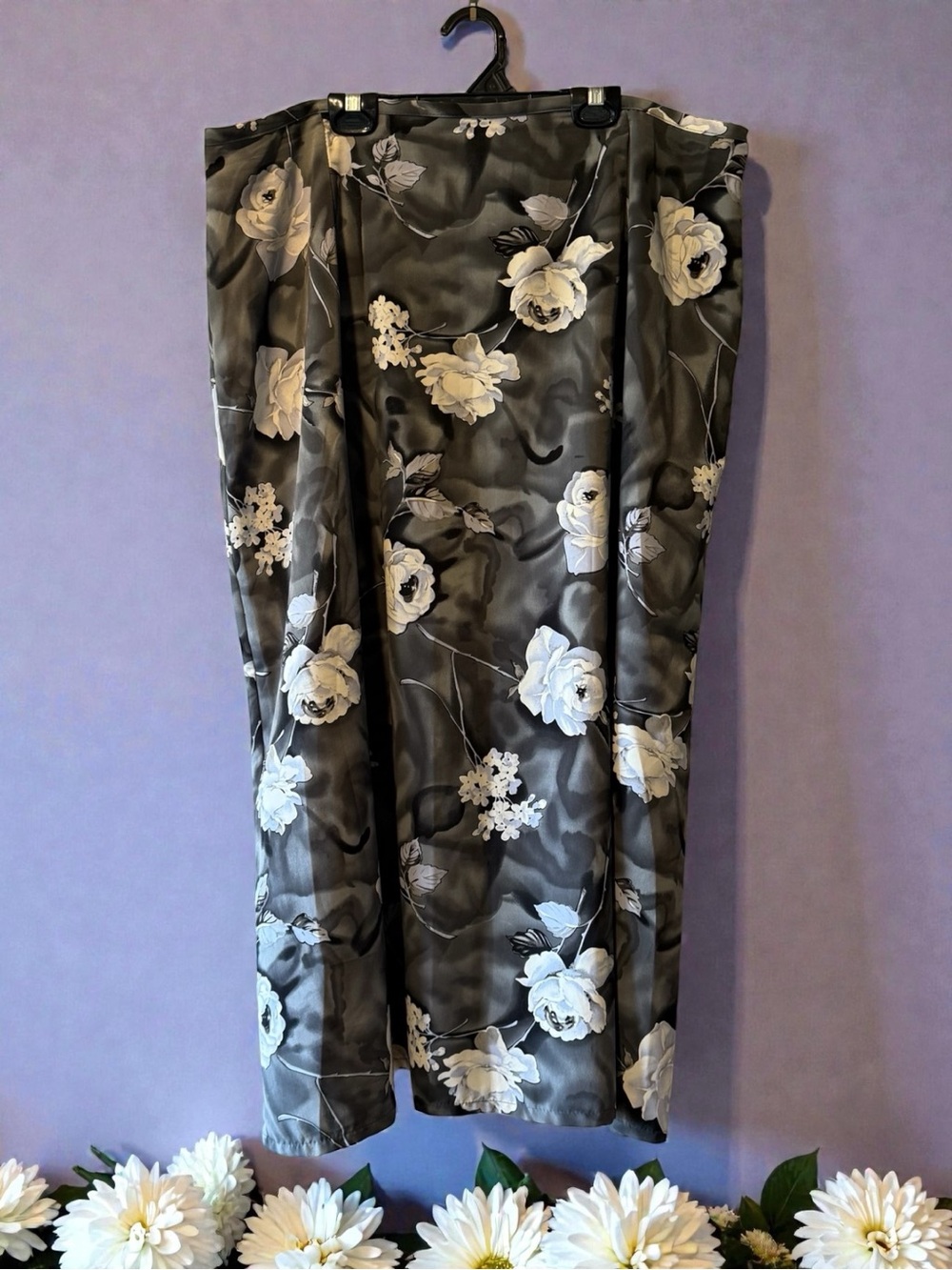 Vintage Grey, Black & White Floral Print Maxi Skirt